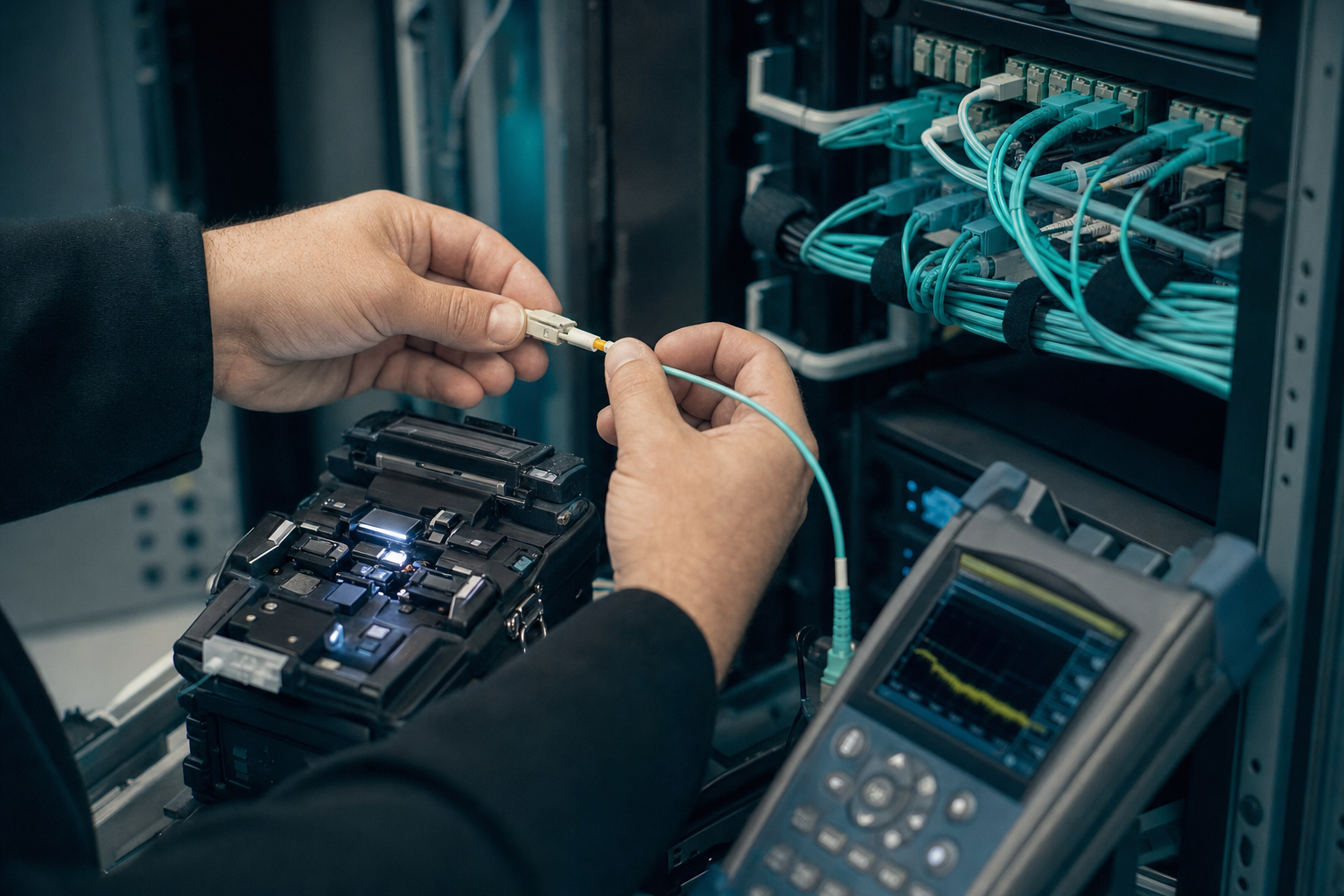 Technician terminating fiber optic cable at a patch panel with a fusion splicer