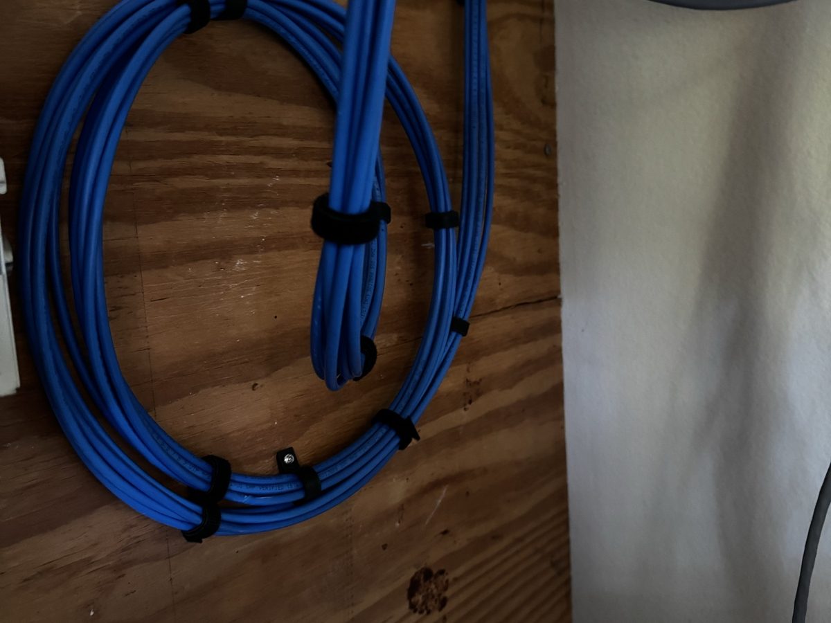 Coiled and labeled structured cable runs secured to a plywood backboard