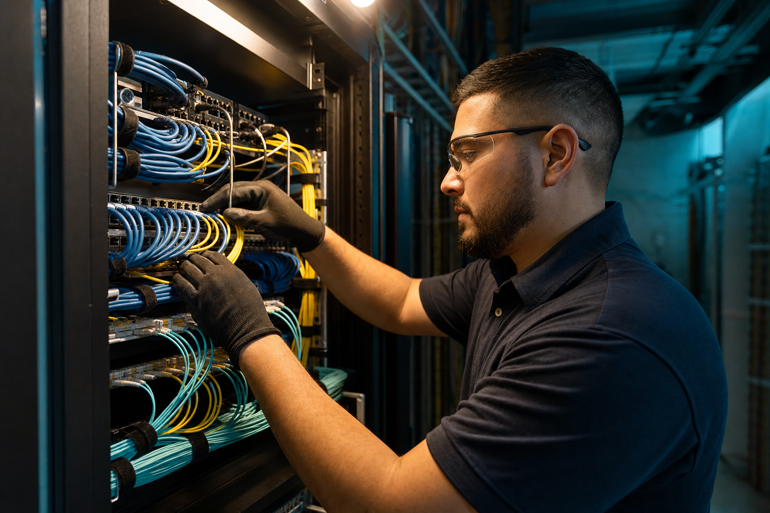 Technician organizing structured cabling in a commercial server rack